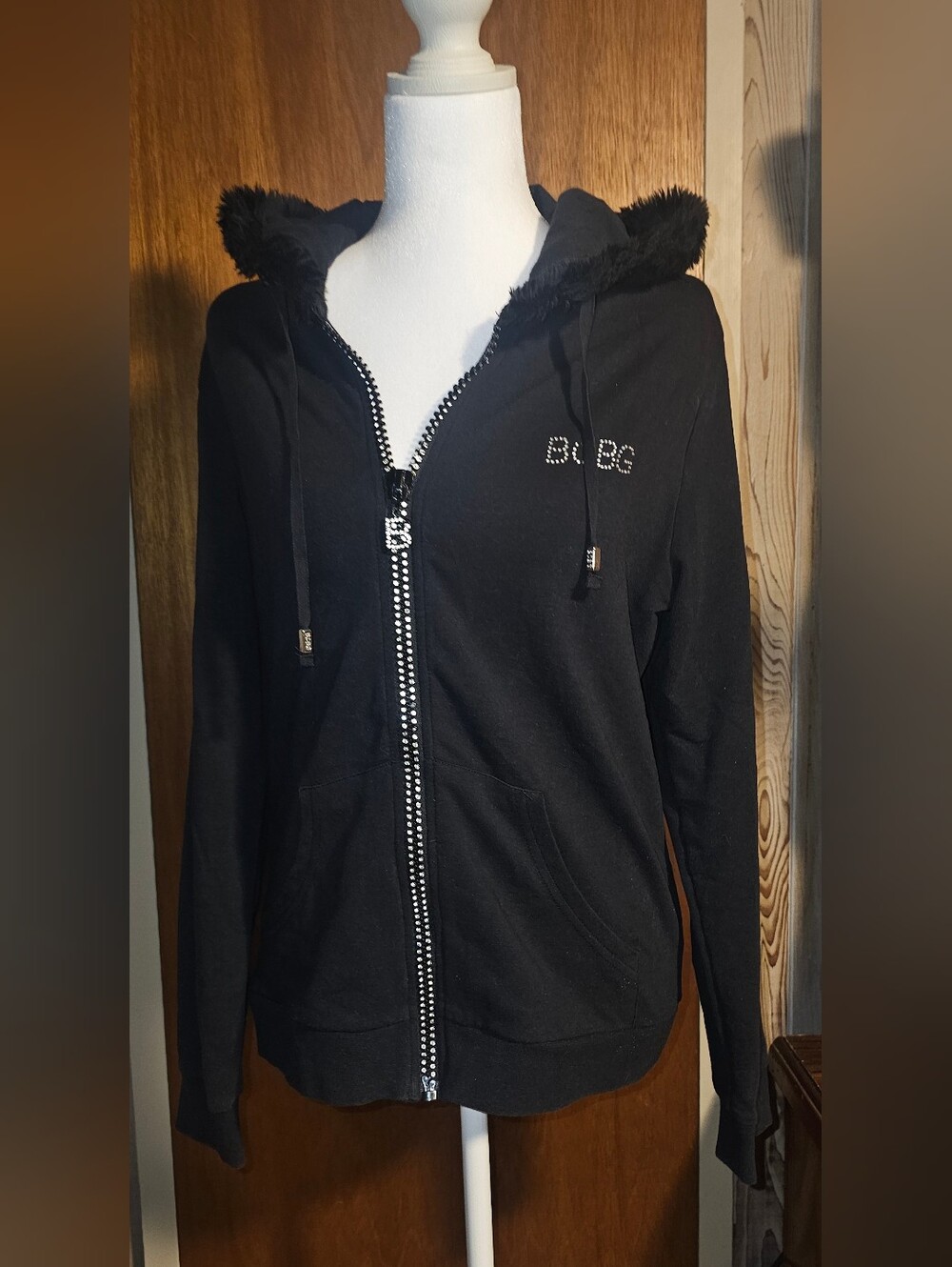 BCBGMaxAzria Black Rhinestone-Trim Fur Hooded Zip-Up Jacket